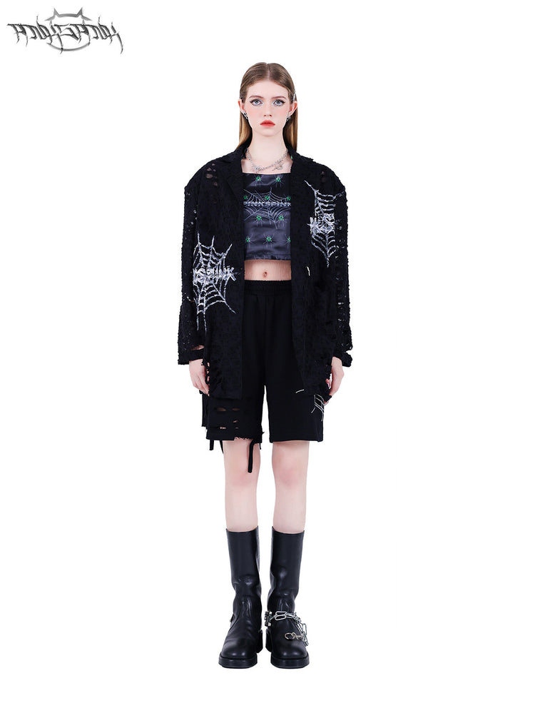 PINKSPINK SPIDER web-mesh halter crop top — full-length modeled view with an open jacket and arms at sides