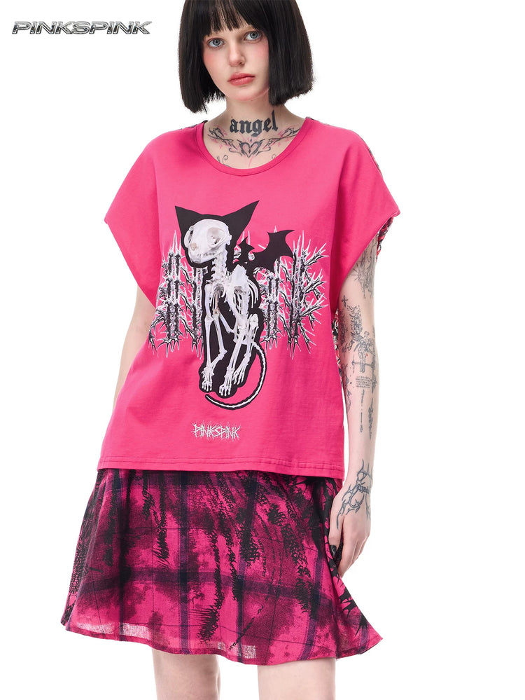 PINKSPINK DEVILCAT leopard-back graphic tee in pink — close front modeled view showing the winged cat-skeleton graphic