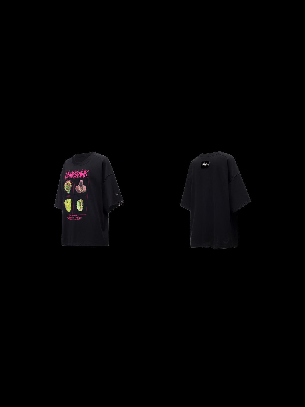 PINKSPINK PLANT PUNK oversized graphic tee in black — garment-only front and back comparison on a clean black background