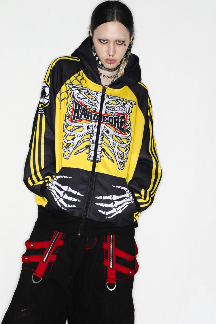 DeadEndKids Hardcore Generation skeleton zip-up hoodie — modeled three-quarter front