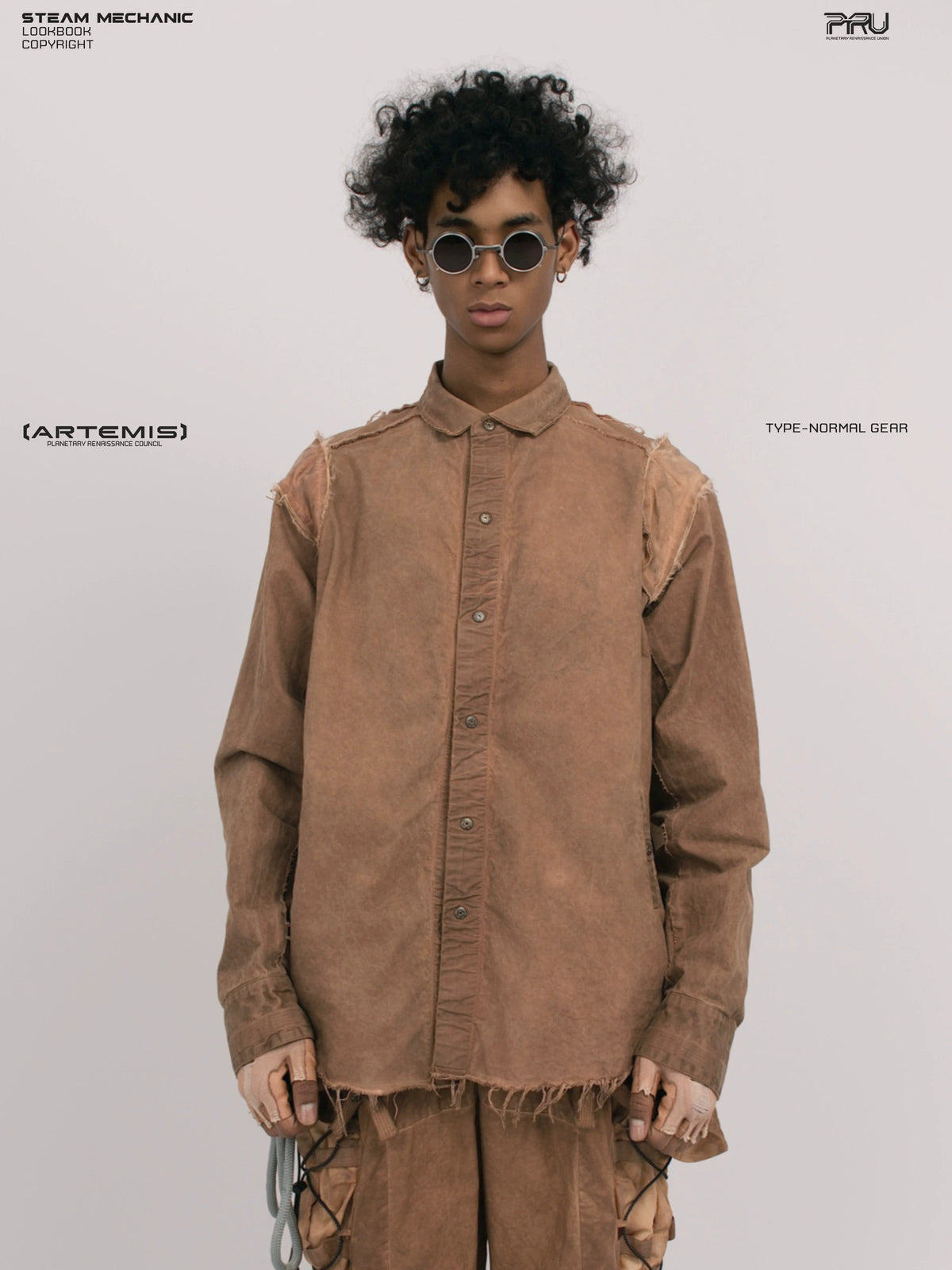 CHAOS ERA raw-edge technical shirt in soft dawn orange — front modeled close-up showing frayed shoulder seams and the button placket