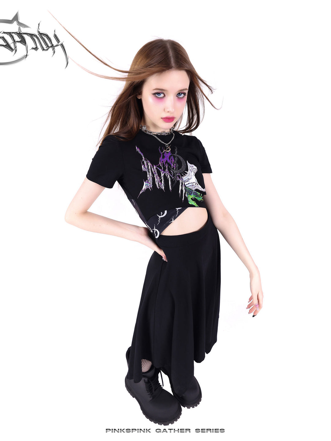 PINKSPINK ELECTRIC MOON reconstructed cutout dress — modeled detail view of the garment construction