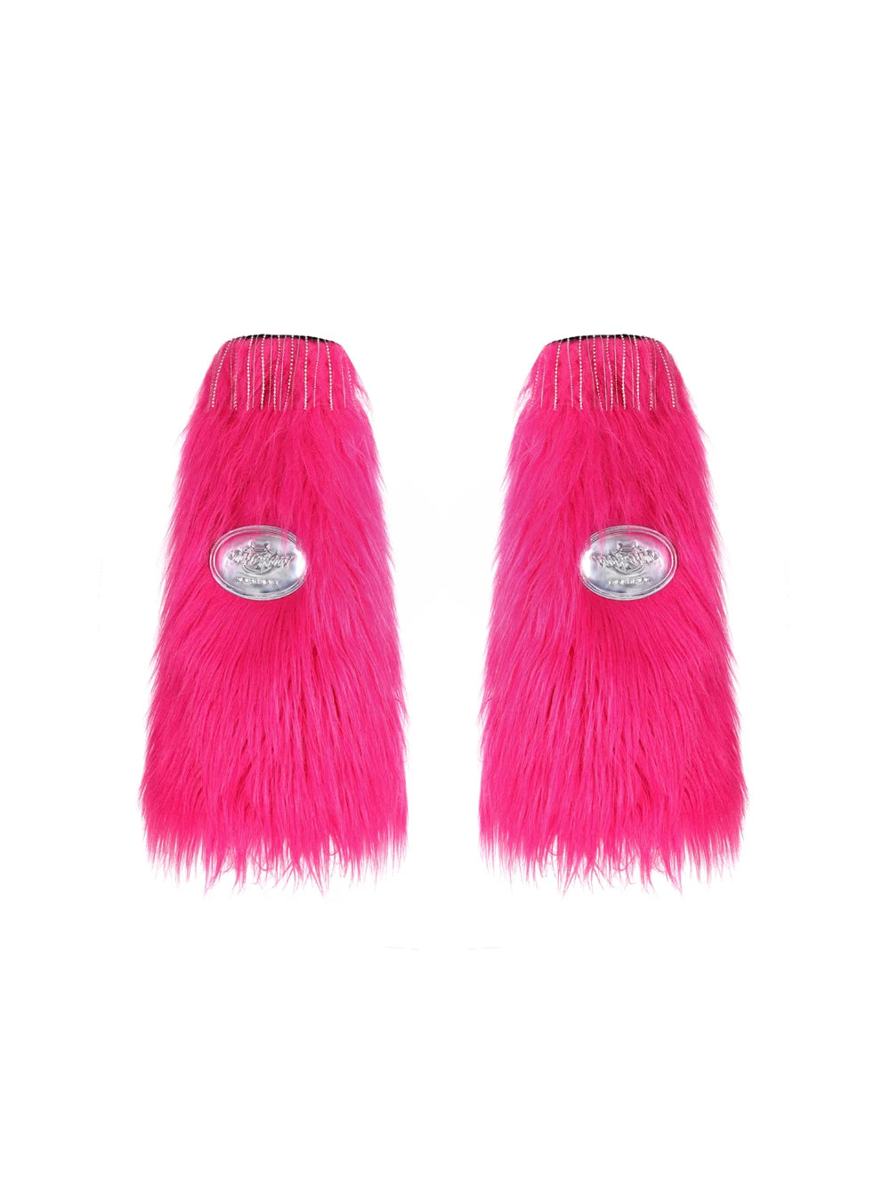 PINKSPINK BARBIE PINK rhinestone faux-fur leg warmers — pair of pink faux-fur leg warmers with silver-tone plates and draped rhinestone chains