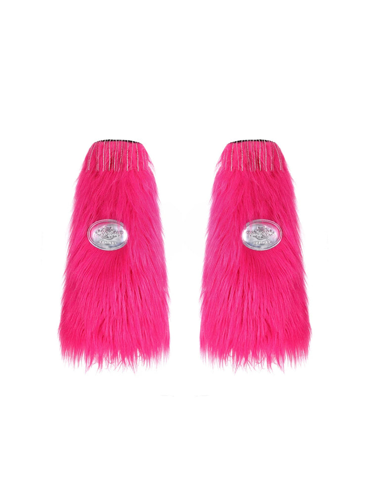 PINKSPINK BARBIE PINK rhinestone faux-fur leg warmers — pair of pink faux-fur leg warmers with silver-tone plates and draped rhinestone chains
