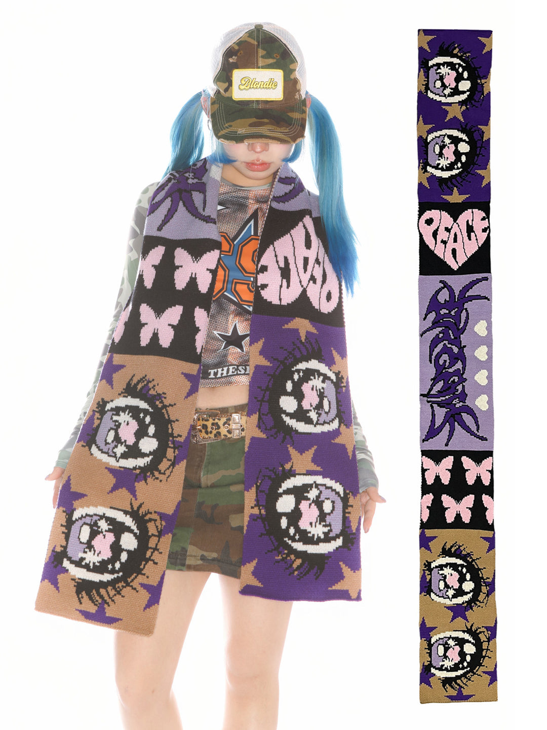 DEADENDKIDS ANIME EYES knit scarf & reversible hat — alternate modeled angle