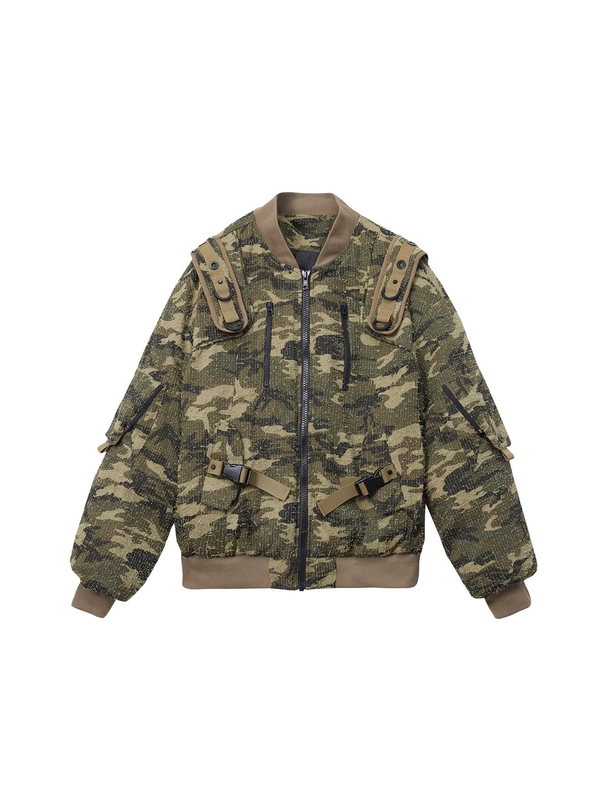 ERRORCODE ROBOT distressed-camouflage strap bomber jacket, garment-only front view