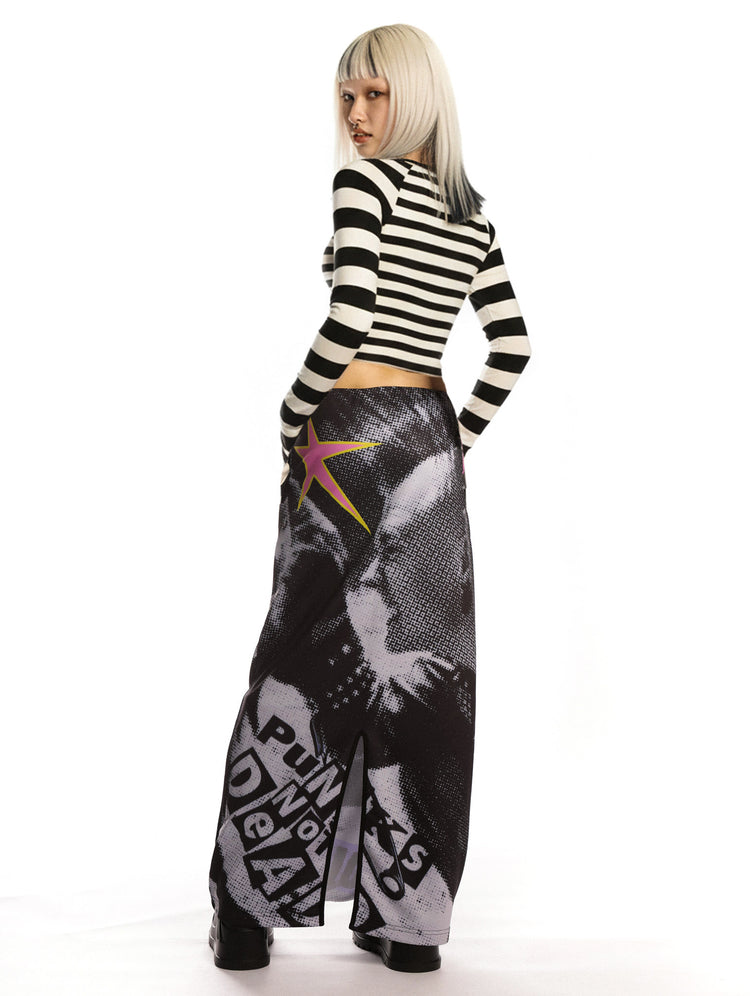 DEADENDKIDS PUNK RIOT printed sweatshirt maxi skirt — garment-only view