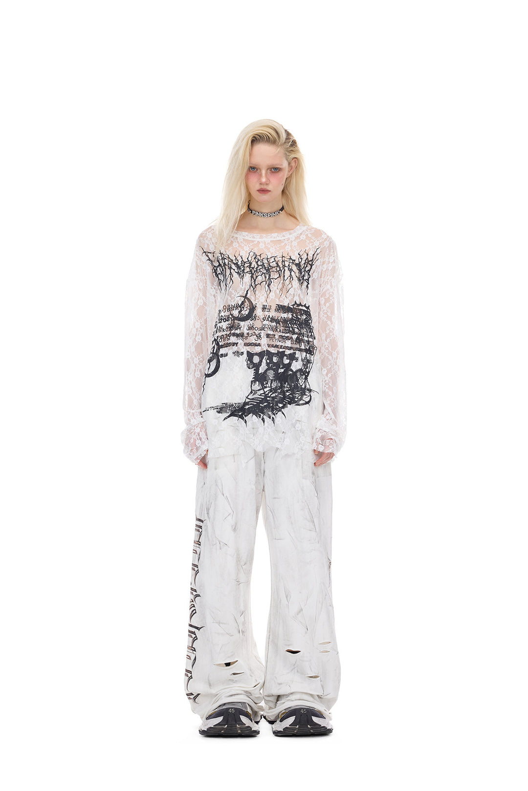 PINKSPINK ELECTRIC MOON thorn-cat distressed lace layering tee — close-up view of the material and finishing