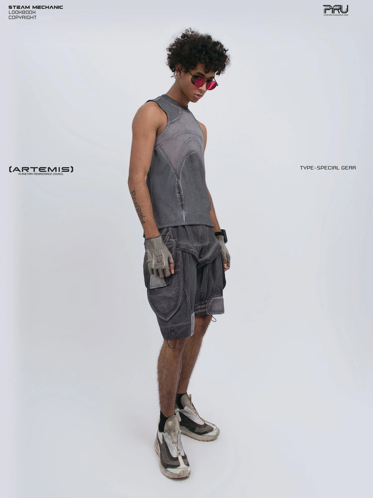AEGIS stellar blue distressed mesh tank top — full-length side modeled view looking down