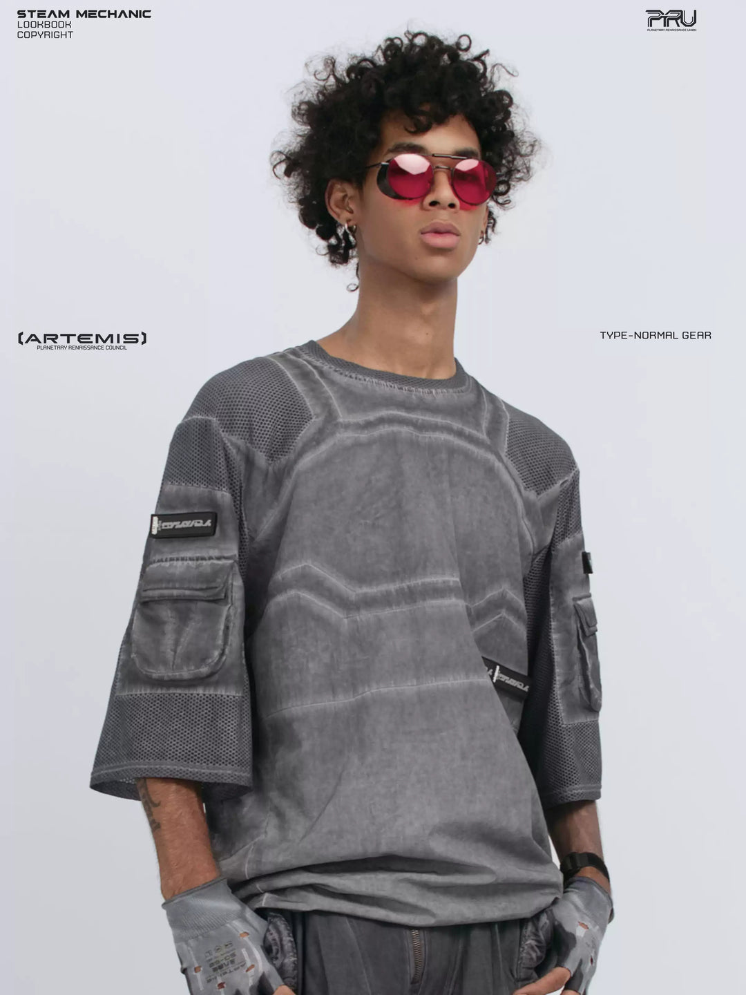 STARCORE moon dust gray velcro mesh tee — front three-quarter modeled view looking upward