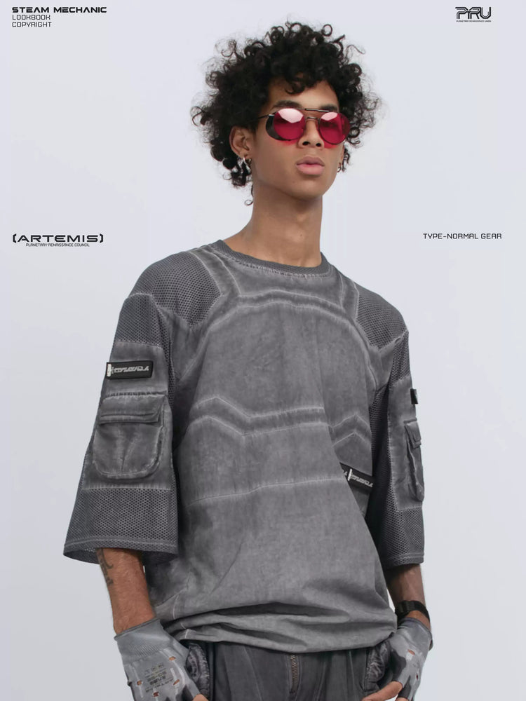 STARCORE moon dust gray velcro mesh tee — front three-quarter modeled view looking upward