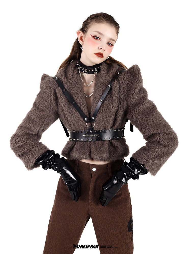 PINKSPINK SPIKE RING studded chain choker in black — front modeled close-up with hands on hips and a studded harness