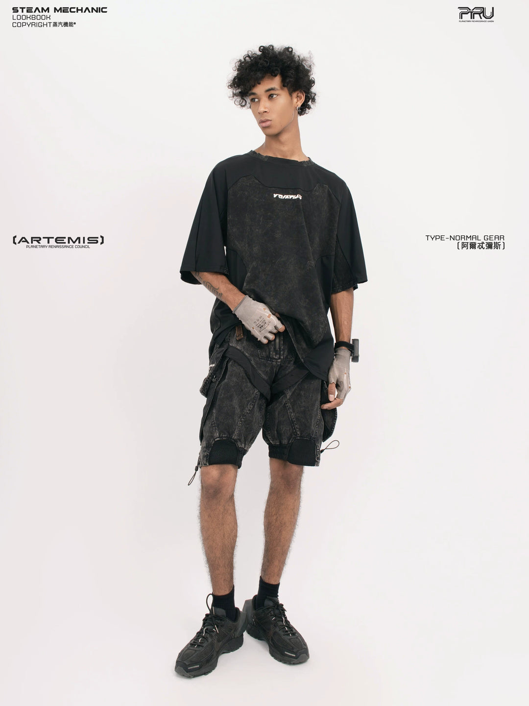 STARCORE black tortoise velcro mesh tee — side modeled view