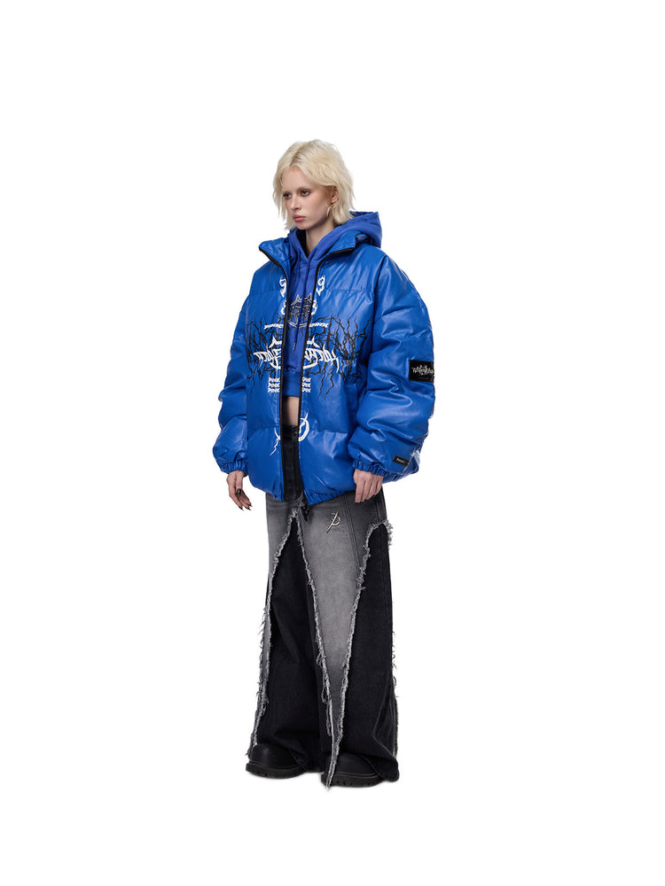 PINKSPINK MOTORBLOC padded faux-leather jacket — Klein blue full-length view with collar open