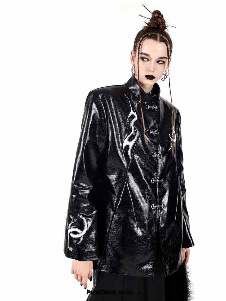 PINKSPINK ELECTRIC MOON embroidered buckle jacket — black three-quarter close-up showing the shoulder shape and sleeve embroidery