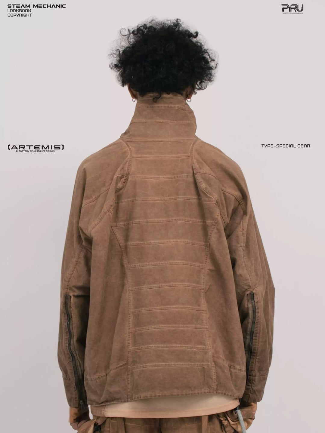 ARTEMIS soft dawn orange tuck-paneled technical jacket — back modeled close-up showing horizontal tuck panels