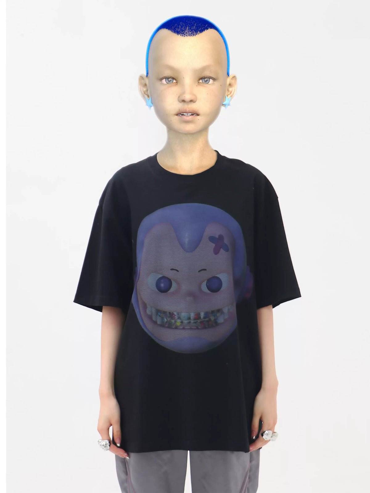 EMBRYO E23 LITTLE ONE oversized black graphic tee — front modeled view