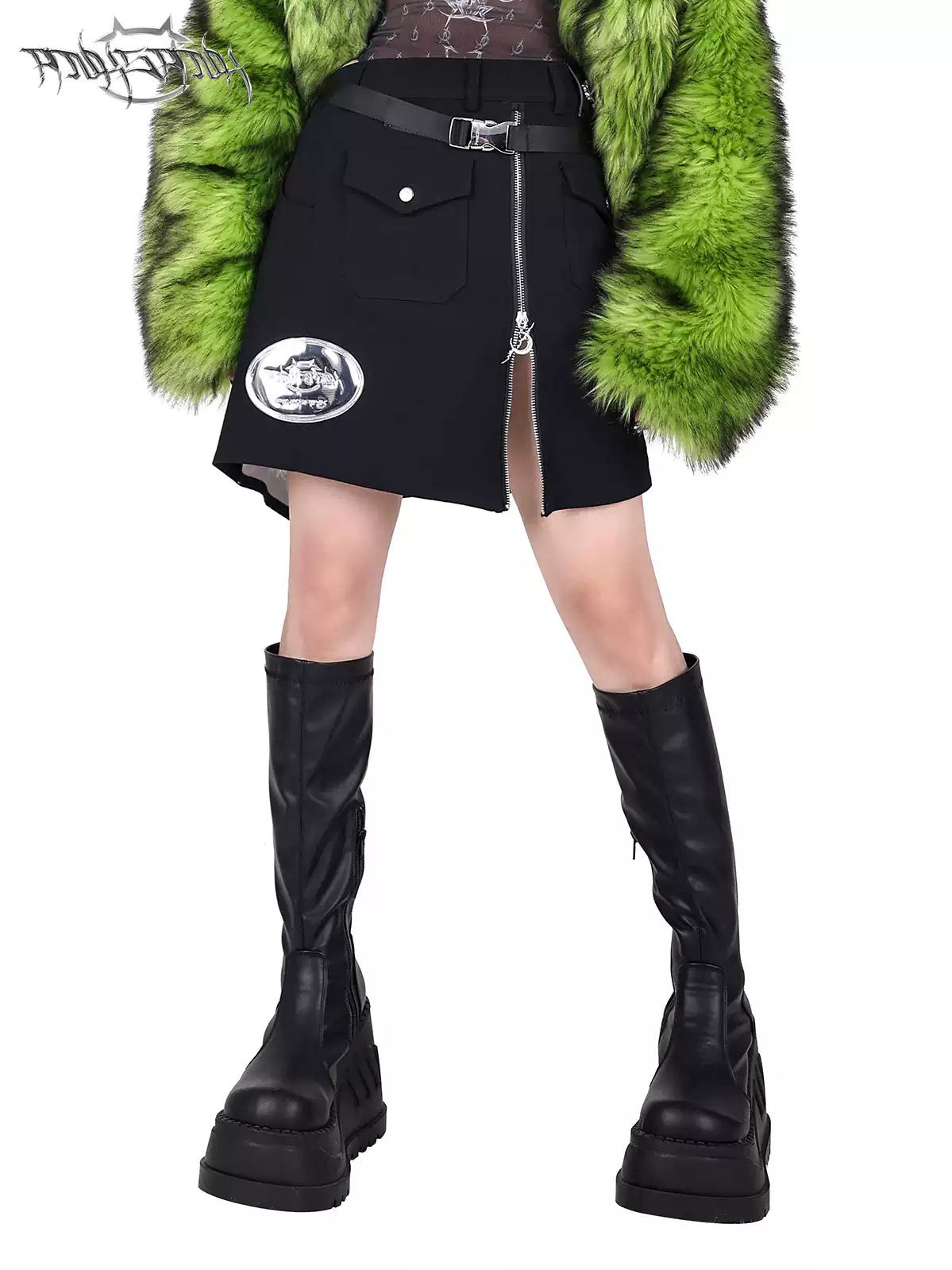 PINKSPINK ELECTRIC MOON convertible buckle mini skirt — close modeled view highlighting the construction