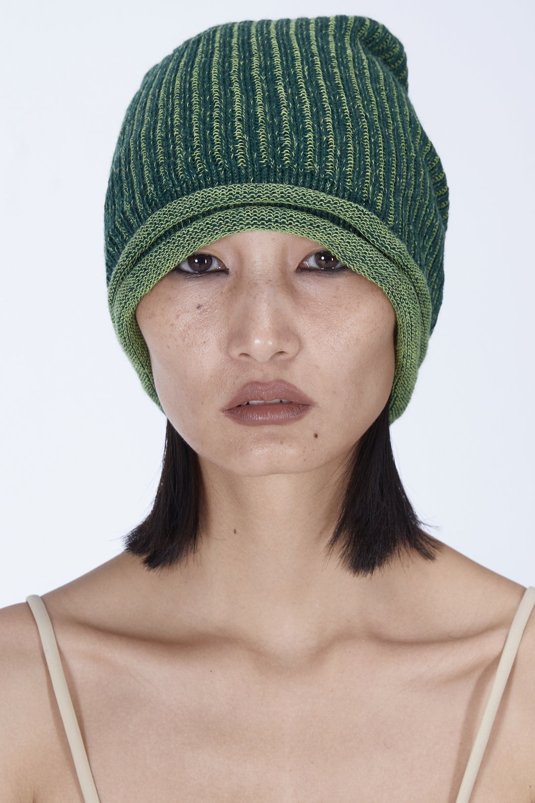 EMBRYO DOUBLE FORM convertible knit hat — full-length modeled view