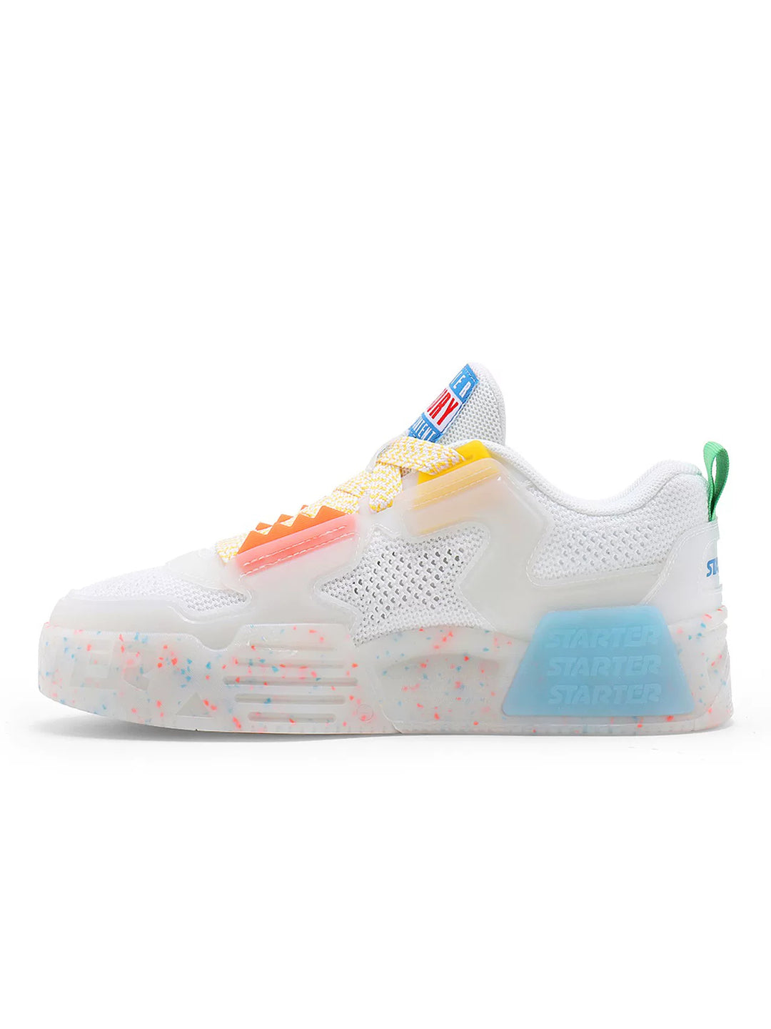 STARTER ICE DRINK White Orange sneaker in a clean studio side view with translucent star overlays and a chunky platform