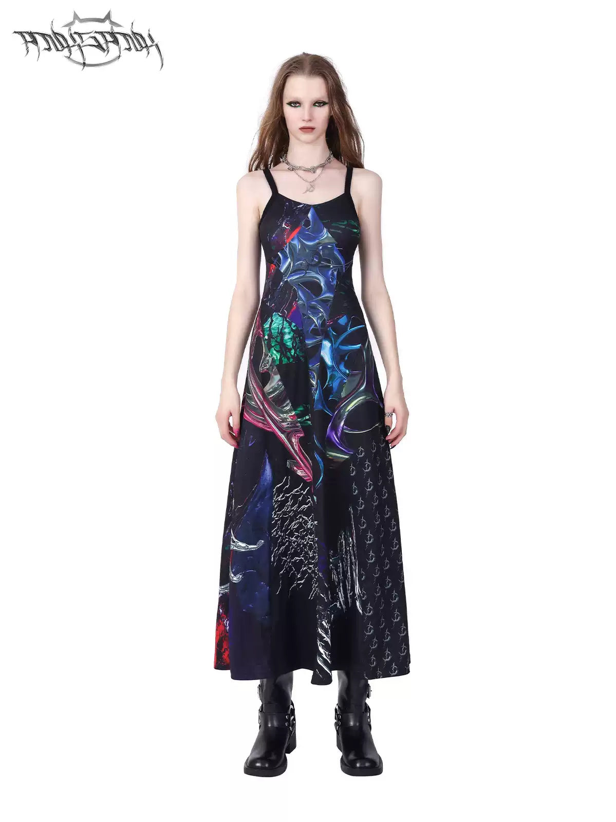 PINKSPINK ELECTRIC MOON layered alloy necklace in silver — front modeled view worn with a printed slip dress