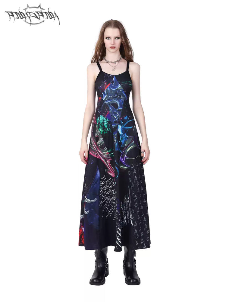 PINKSPINK ELECTRIC MOON layered alloy necklace in silver — front modeled view worn with a printed slip dress