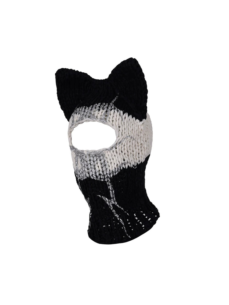 PINKSPINK MIRROR striped cat-ear knit balaclava in black white stripes — front garment-only view of the cat-ear shape