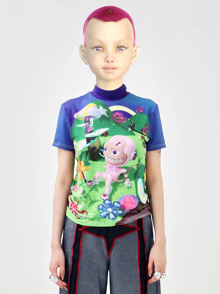 EMBRYO E23 LITTLE ONE printed mock-neck tee — front modeled view