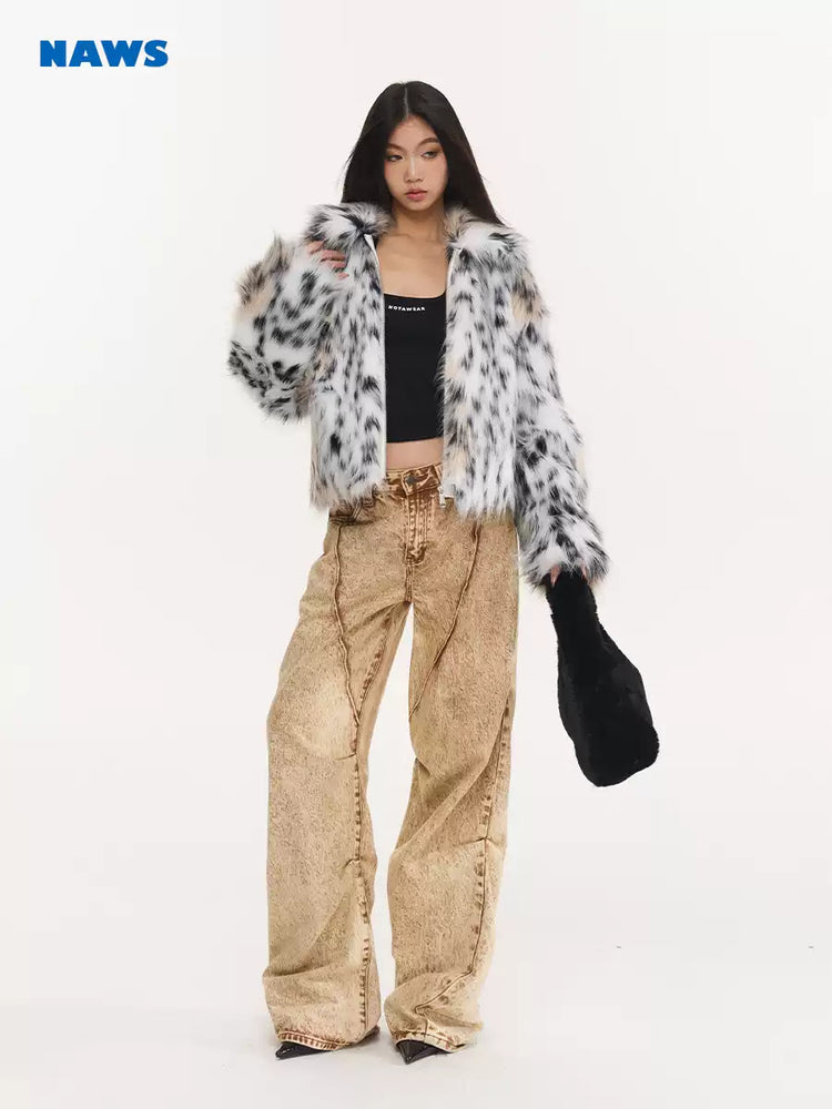 NAWS WILD LEOPARD faux-fur jacket — close modeled view highlighting the construction