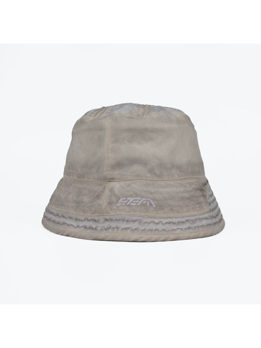 PIONEER eris white distressed nylon bucket hat — front garment-only view showing the structured crown and stitched brim