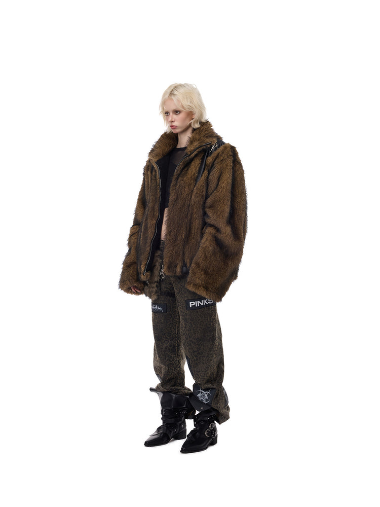 PINKSPINK ELECTRIC MOON paneled faux-fur jacket — side full-length styling with leopard pants