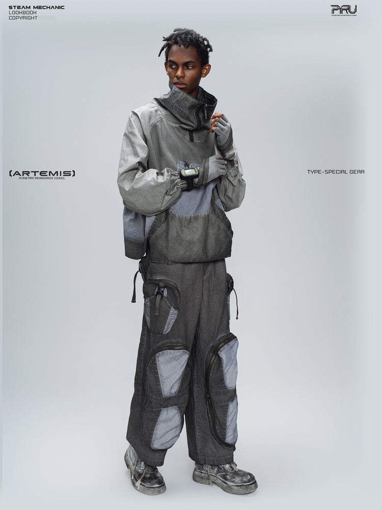 PIONEER moon dust gray detachable-pocket utility hoodie — construction detail