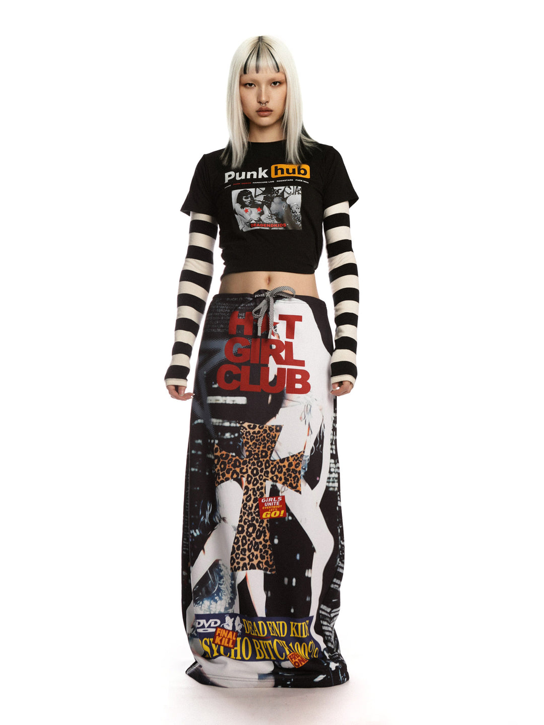 DEADENDKIDS HOT GIRL CLUB graphic maxi skirt — rear modeled view