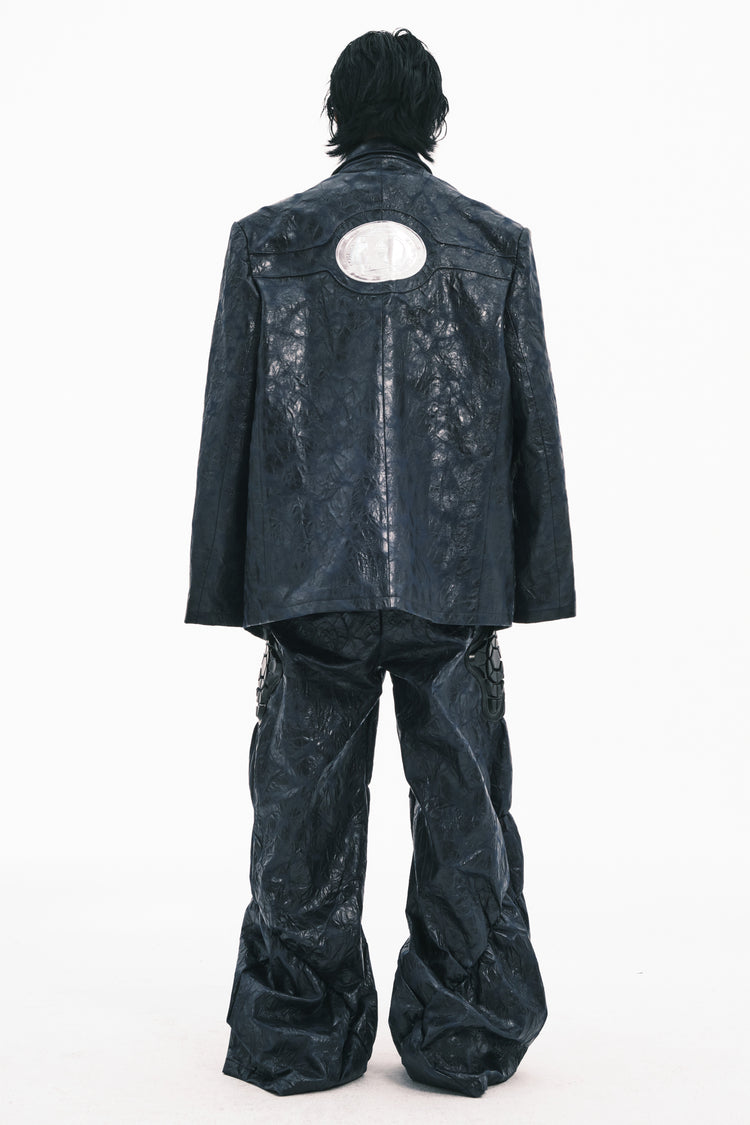EMBRYO HORN CODE textured PU leather blazer — full-length modeled styling view