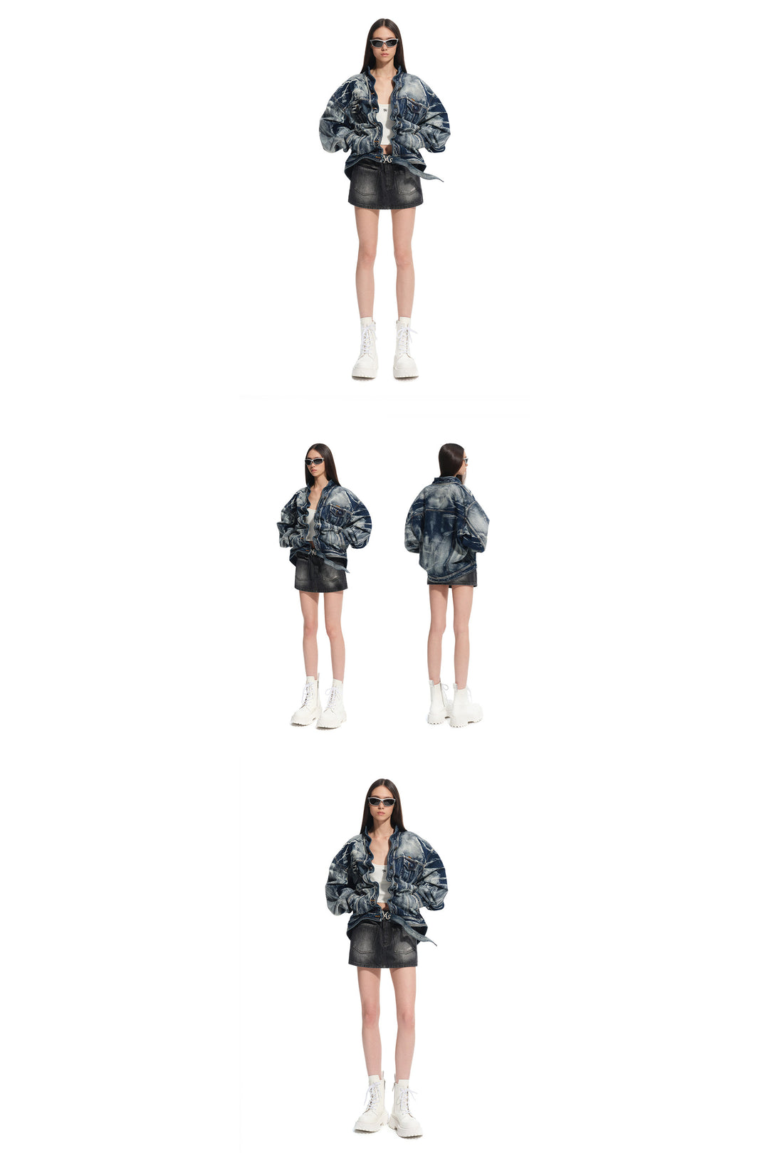 NAWS VOLCANO washed denim stand-collar jacket — full-length modeled styling view
