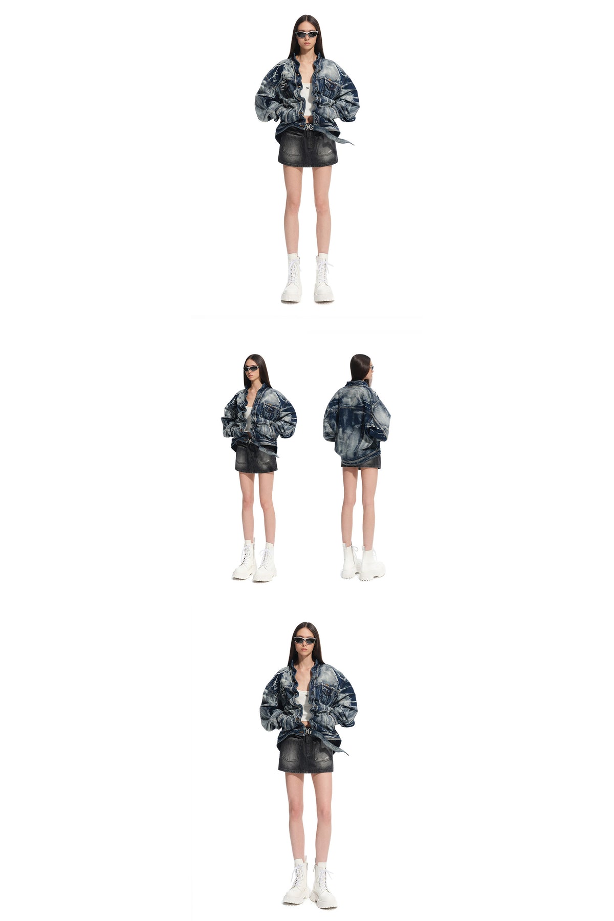 NAWS VOLCANO washed denim stand-collar jacket — full-length modeled styling view