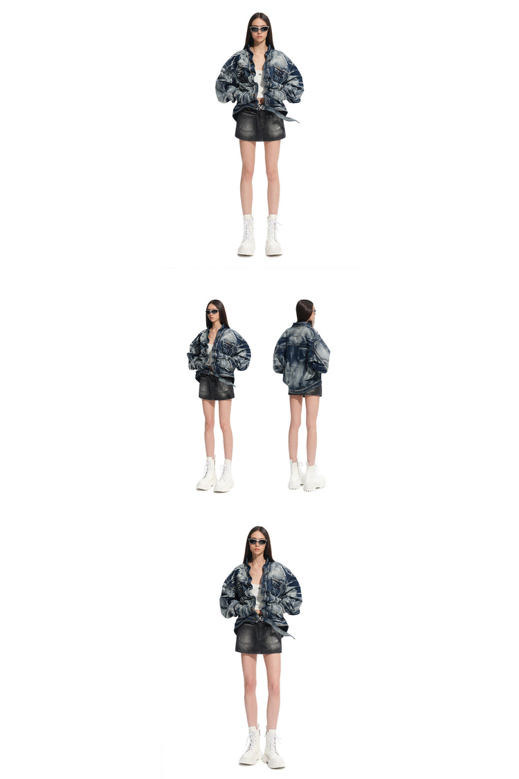 NAWS VOLCANO washed denim stand-collar jacket — full-length modeled styling view