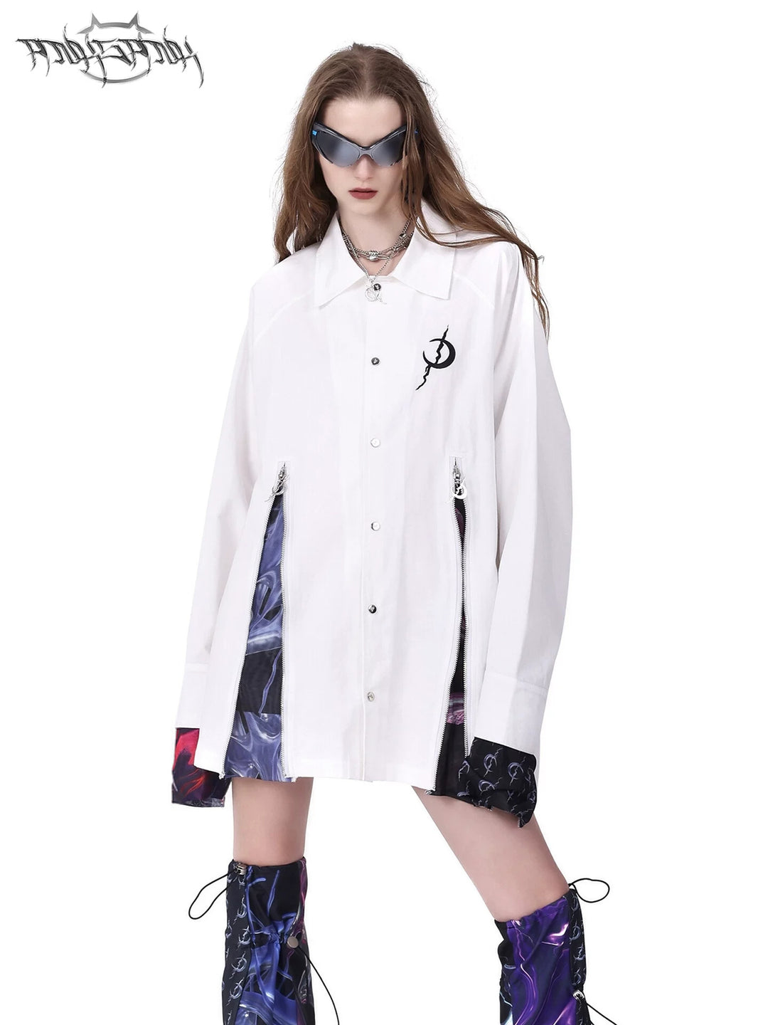 PINKSPINK COSMOS zip-panel white trench coat in white — front modeled view showing the open zip panels and printed cuffs