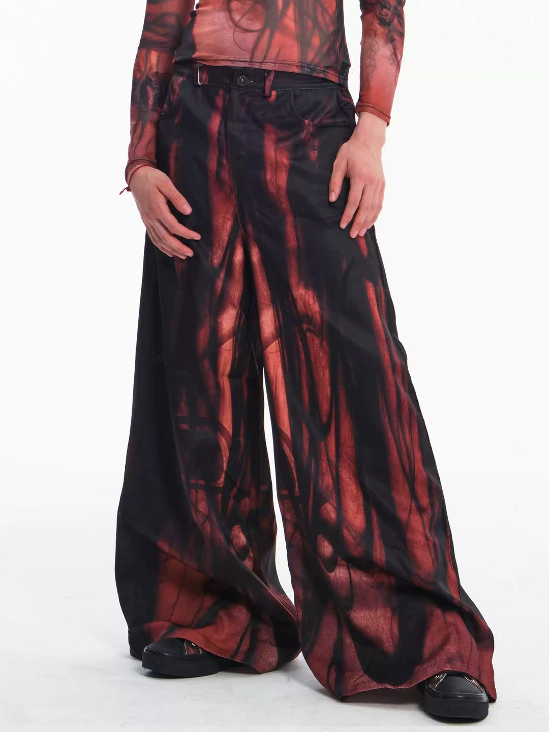 EMBRYO NERVE BLOOM printed flare pants — rear or construction presentation