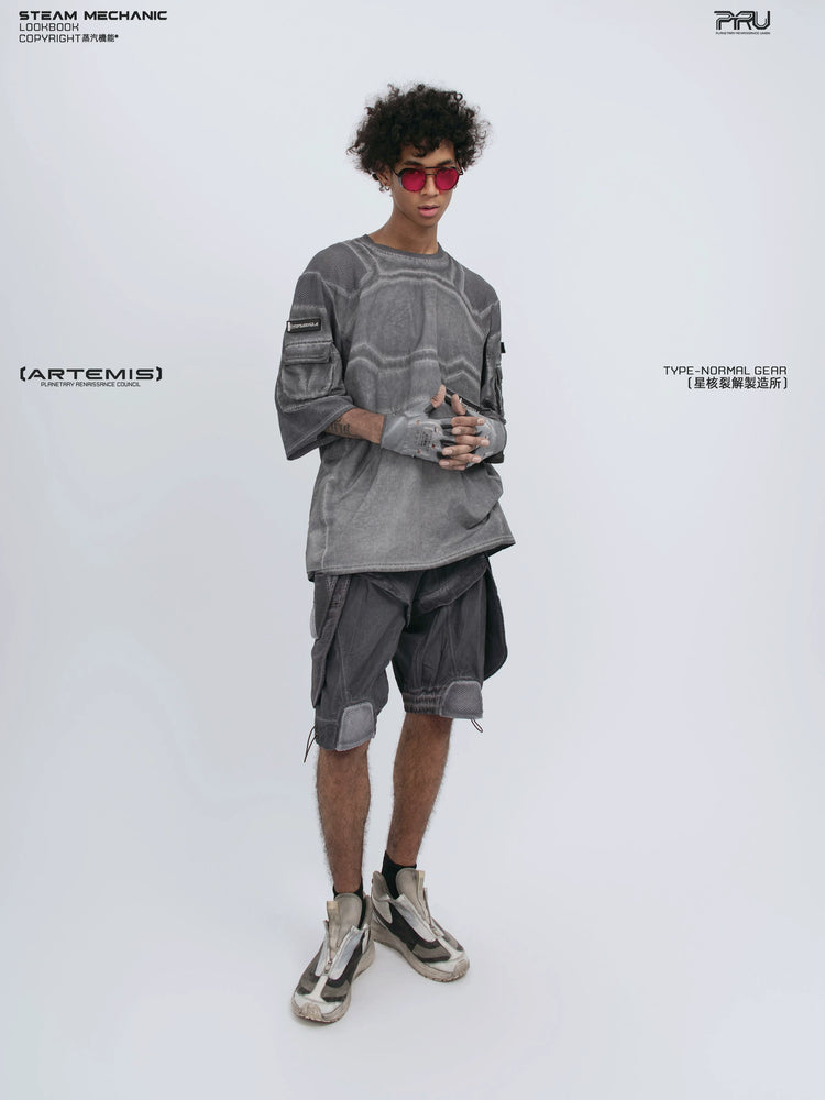 STARCORE moon dust gray velcro mesh tee — full-length styled view