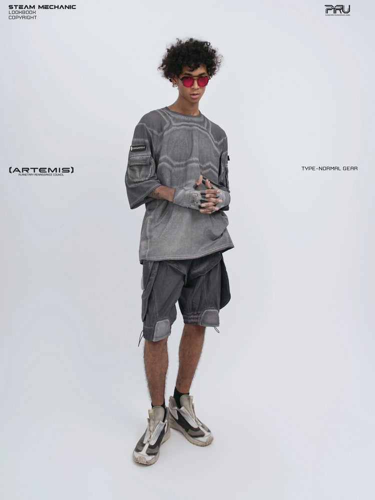 STARCORE moon dust gray velcro mesh tee — full-length front modeled view with hands clasped