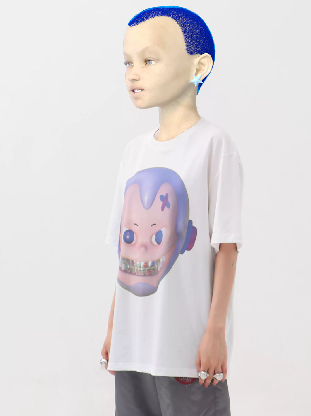 EMBRYO E23 LITTLE ONE oversized white graphic tee — alternate modeled angle