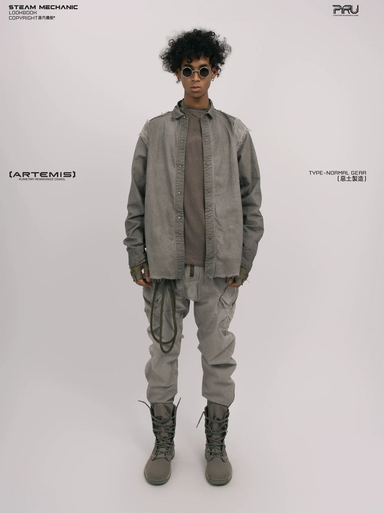 CHAOS ERA moon dust gray raw-edge technical shirt — front modeled product view