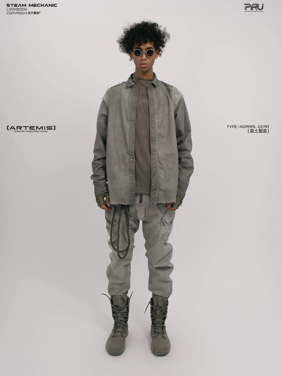 CHAOS ERA moon dust gray raw-edge technical shirt — front modeled product view