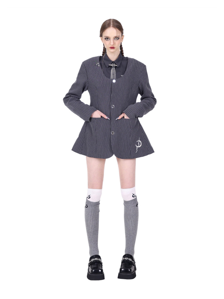 PINKSPINK ELECTRIC MOON pinstripe ring-detail blazer dress in gray pinstripe — full-length front modeled view with hands in the pockets
