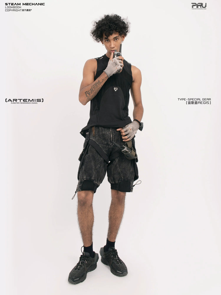 AEGIS blackbird black distressed mesh tank — full-length styled view