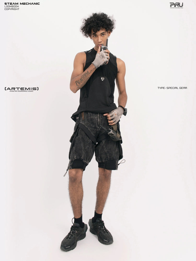 AEGIS blackbird black distressed mesh tank — full-length front modeled view raising a radio