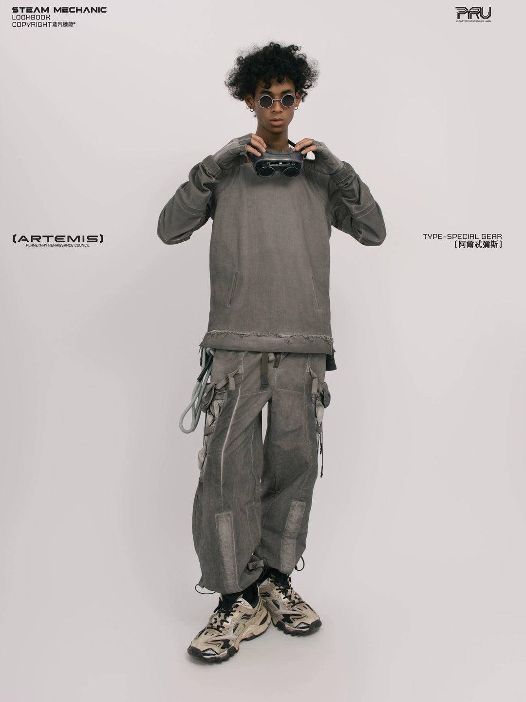 CHAOS ERA moon dust gray raw-edge long-sleeve top — side modeled view