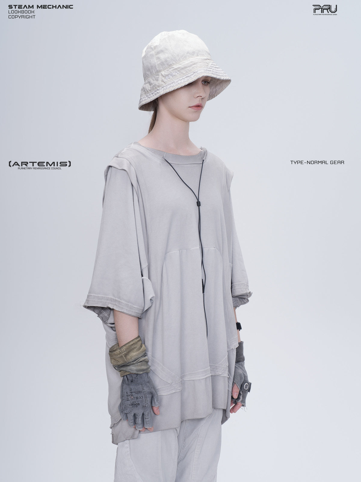 PIONEER eris white distressed nylon bucket hat — right three-quarter modeled view
