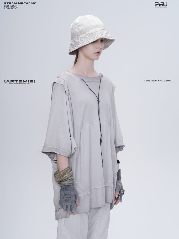 PIONEER eris white distressed nylon bucket hat — right three-quarter modeled view